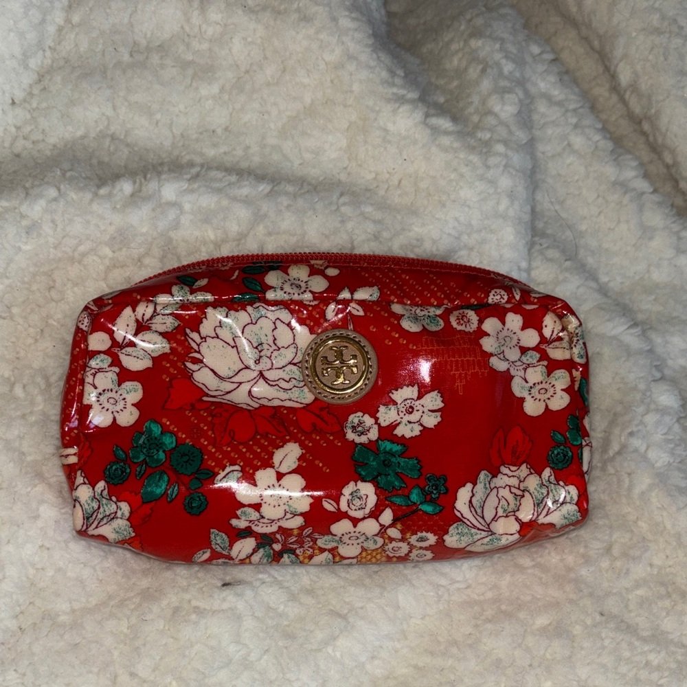 Tory Burch Red and Green Floral Cosmetic Case